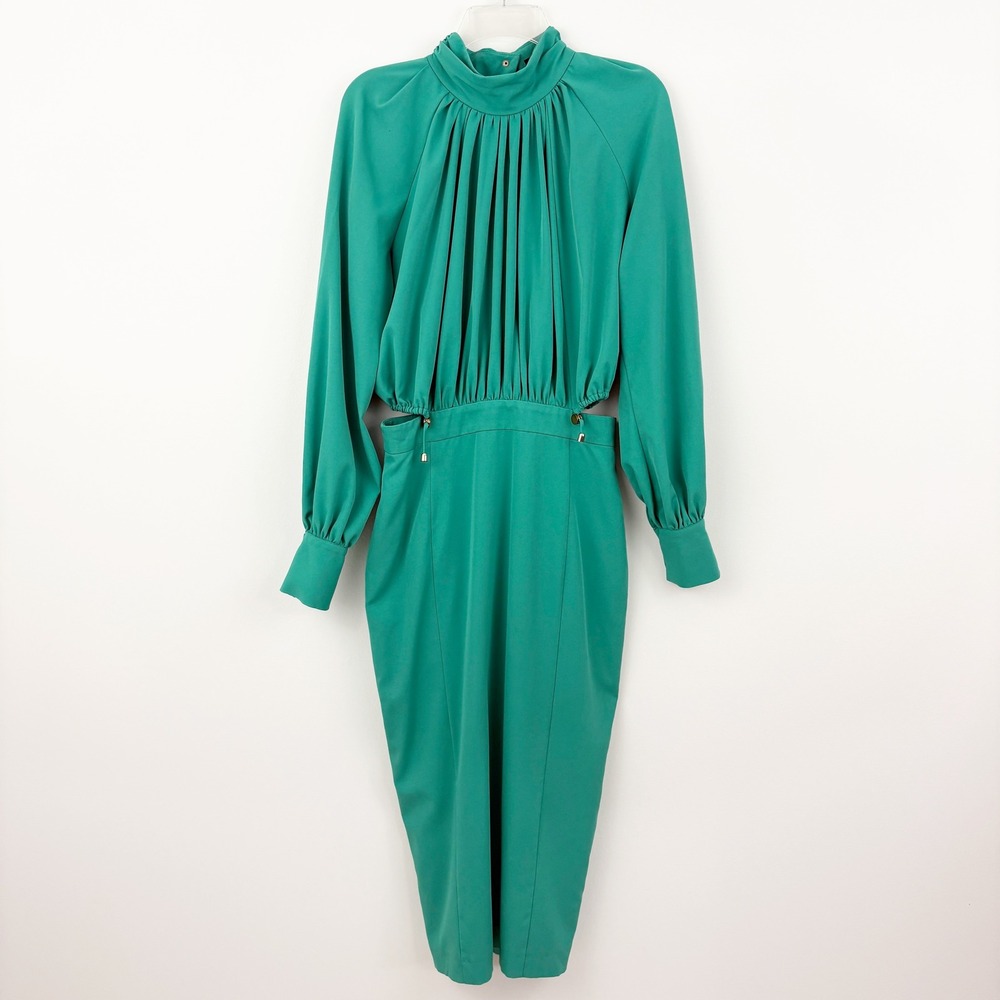 BGL Green Long Sleeve Midi Dress Size S Mock Neck Cut-outs Ruching